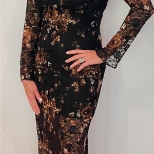 Elegant Black and Brown Floral Lace Dress
